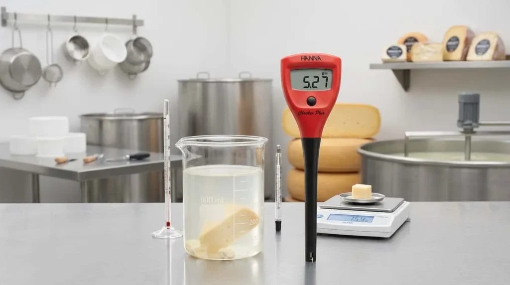 Checker Plus pH Tester HANNA INSTRUMENT HI98100 - tampak alat uji pH dengan probe dicelupkan ke larutan brine keju