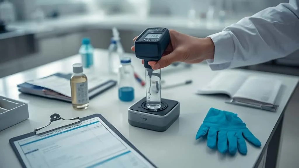 Teknisi menguji sampel air jernih dengan turbidity meter portabel di laboratorium QC AMDK, memastikan akurasi pengukuran kekeruhan air sesuai standar SNI.