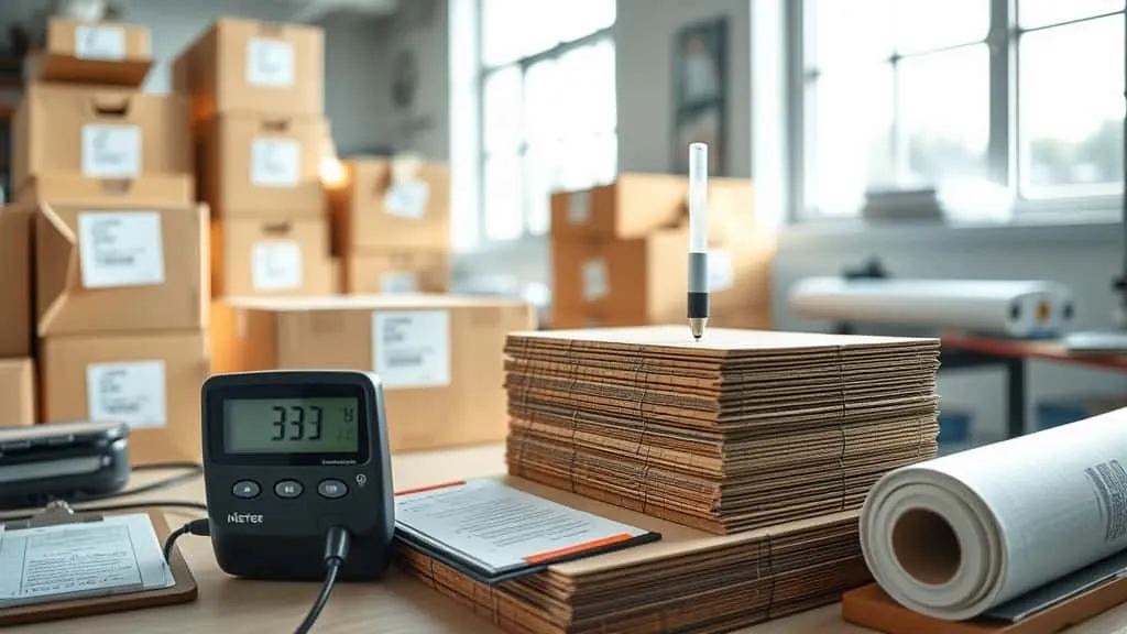Probe bahan meter kelembaban kertas menembus tumpukan kardus bergelombang, untuk audit kemasan fashion di lab quality control.