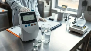 Teknisi melakukan uji pengukuran kesadahan air dengan TDS meter di laboratorium pabrik mie untuk quality control.