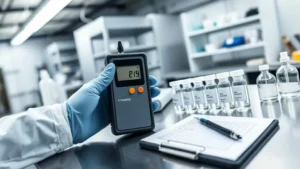 Gloved hands use a portable sianida meter on a clear water sample in a lab, with a digital readout, glass vials, and industrial workspace showing when field results are adequate.