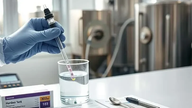 Teknisi mengambil sampel air dari kran untuk uji kesadahan demi kualitas produksi mie yang konsisten.