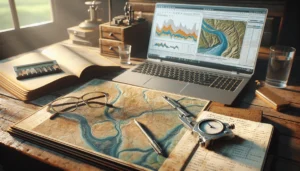 Professional hydrology workspace analyzing flood causes for the Mapaga River in Central Sulawesi, featuring a topographic map, data charts, and field measurement tools.