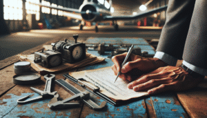 Close-up of aviation safety audit materials, including a micrometer on an ICAO manual and a checklist, illustrating technical compliance for ICAO standards.