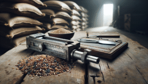 Alat pengukur biji-bijian profesional di atas permukaan kayu berdebu, fokus pada kontrol kadar air.