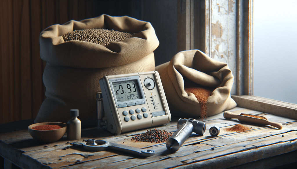 Professional moisture meter and automated analysis system for spices on a wooden table with burlap sacks.