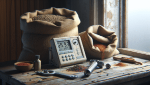 Professional moisture meter and automated analysis system for spices on a wooden table with burlap sacks.