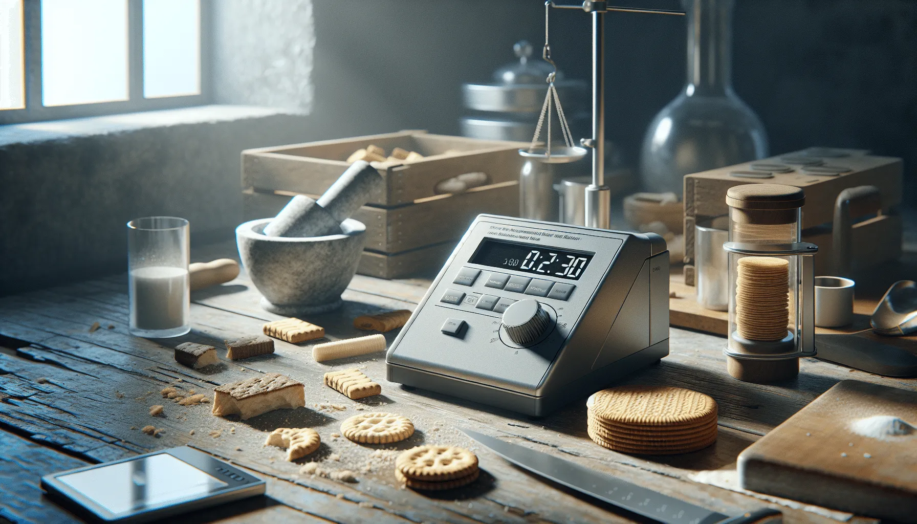 Salt meter on a lab table with dry snack samples like biscuits, noodles, and wafers for quality control in the snack industry.
