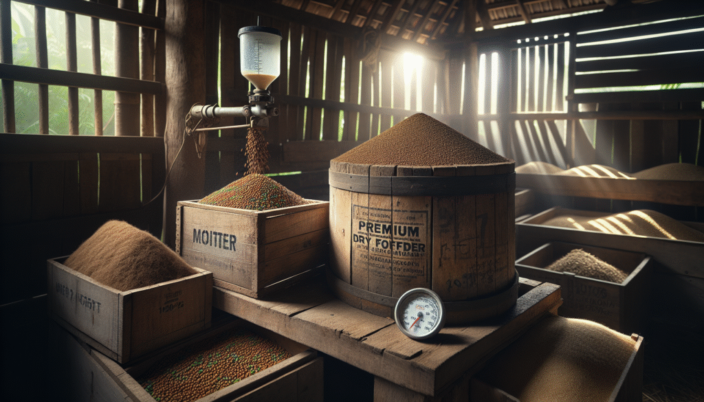 Weathered wooden feed trough in a traditional Indonesian barn filled with dry, high-quality animal feed, with a moisture meter showing optimal readings to illustrate preventing high moisture levels in livestock feed.