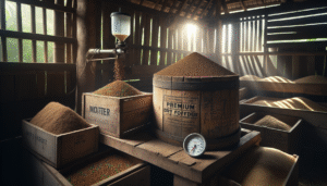 Weathered wooden feed trough in a traditional Indonesian barn filled with dry, high-quality animal feed, with a moisture meter showing optimal readings to illustrate preventing high moisture levels in livestock feed.