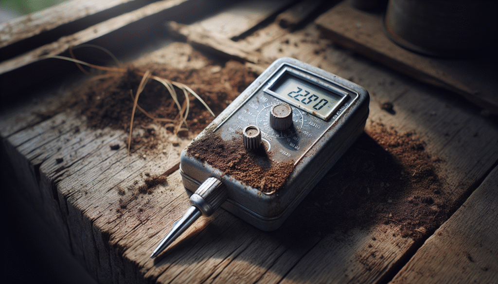 Moisture meter pertanian otentik di meja kayu pedesaan, siap untuk panduan praktikum.
