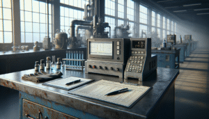 Digital water quality analyzer and sample vials on a workbench for quickly measuring BOD at a smelter plant.