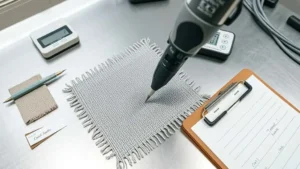 Moisture meter probe testing fabric swatch in textile quality control laboratory