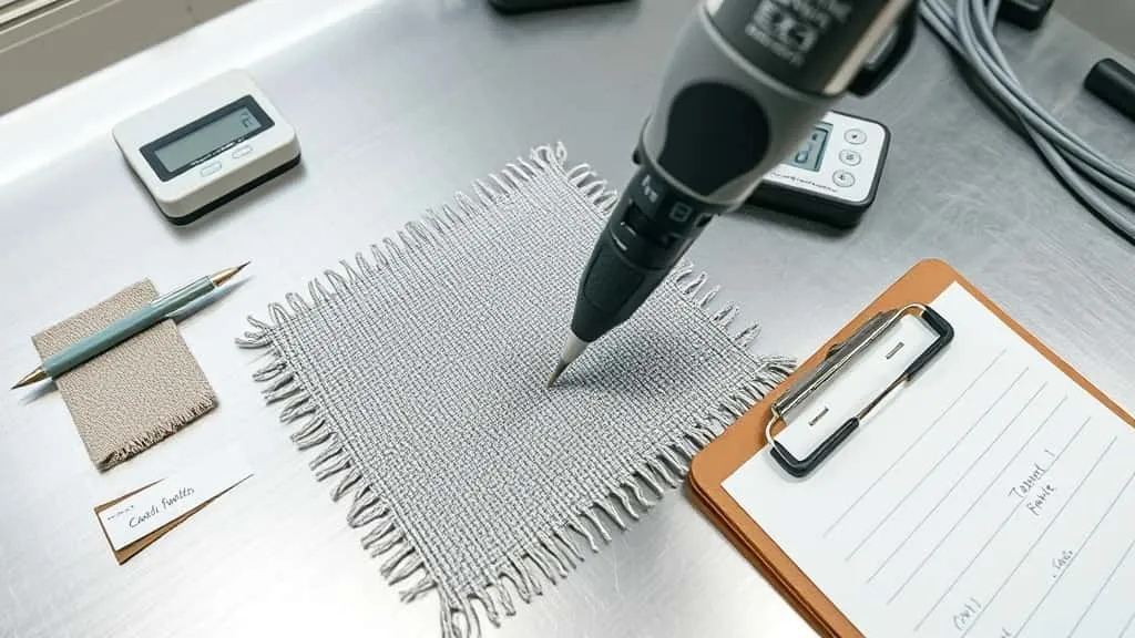 Moisture meter probe testing fabric swatch in textile quality control laboratory