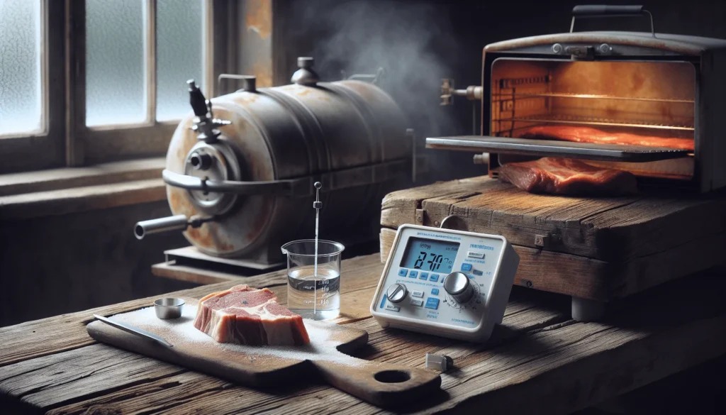 Digital salt meter measuring salinity in seasoned meat for smoking on a wooden cutting board.