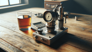 Refraktometer profesional di meja kerja dekat minuman, menjelaskan optimasi rasa minuman.