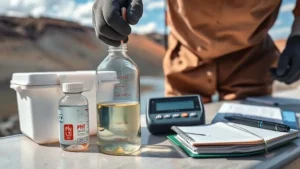 Teknisi tambang mengisi botol sampel dari aliran air untuk uji sianida konsisten dengan ISE meter Bante321-CN di stasiun sampling tailing pond.