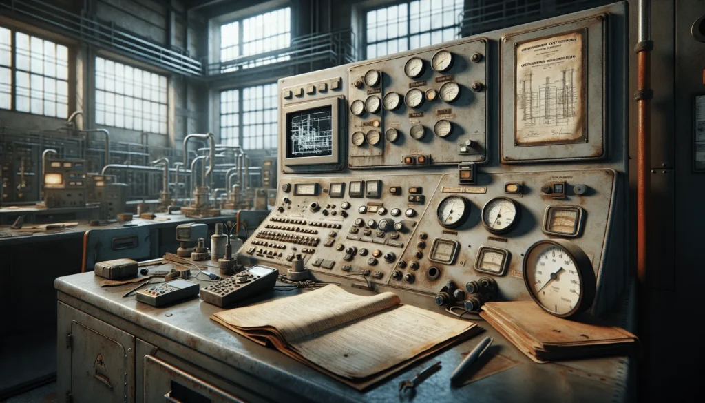 Engineer in an industrial control room analyzing pipeline schematics and analog gauges on a weathered control panel, with calibration tools for the energy, oil, and gas sector.