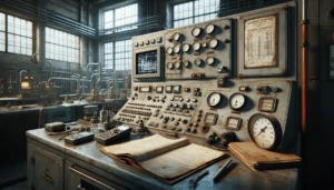 Engineer in an industrial control room analyzing pipeline schematics and analog gauges on a weathered control panel, with calibration tools for the energy, oil, and gas sector.
