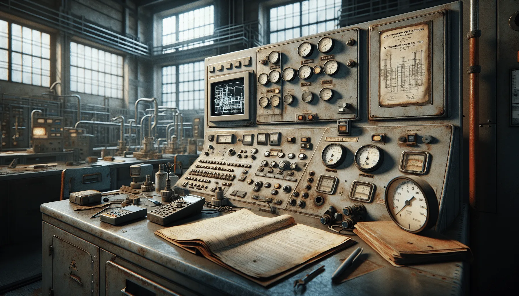 Engineer in an industrial control room analyzing pipeline schematics and analog gauges on a weathered control panel, with calibration tools for the energy, oil, and gas sector.