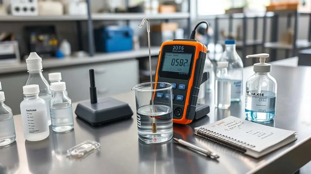 Portable ISE meter measuring water sample for early cyanide contamination detection in mining field lab.