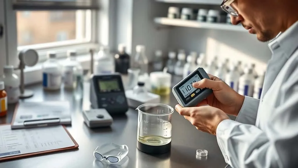 Researcher calibrating a portable cyanide meter with a tailings pond sample vial, clipboard with field data, and reagent bottles on a lab counter for early cyanide detection monitoring.