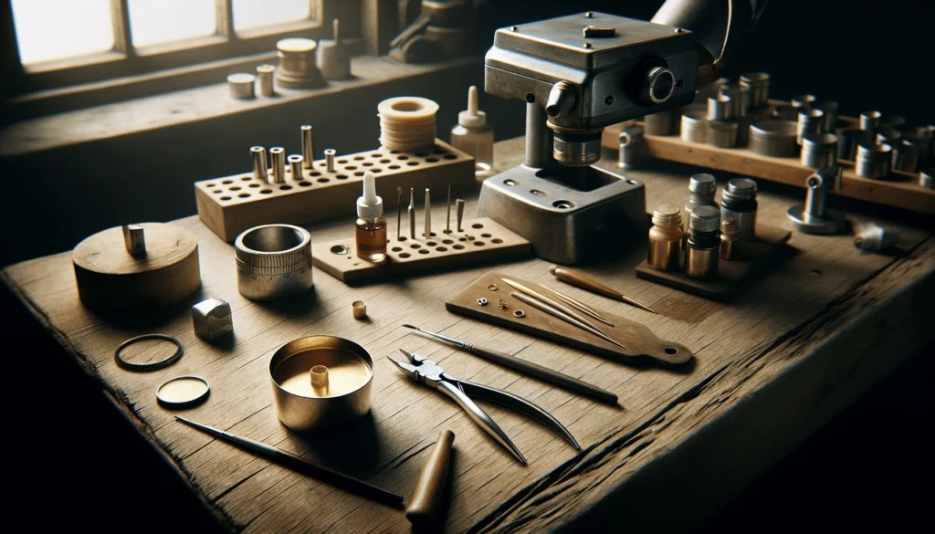 Professional jeweler's workbench with viscosity cup and gold paint sample for diagnosing caking and orange peel defects.