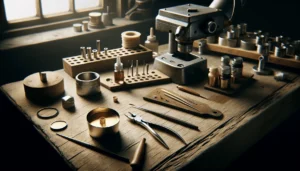 Professional jeweler's workbench with viscosity cup and gold paint sample for diagnosing caking and orange peel defects.
