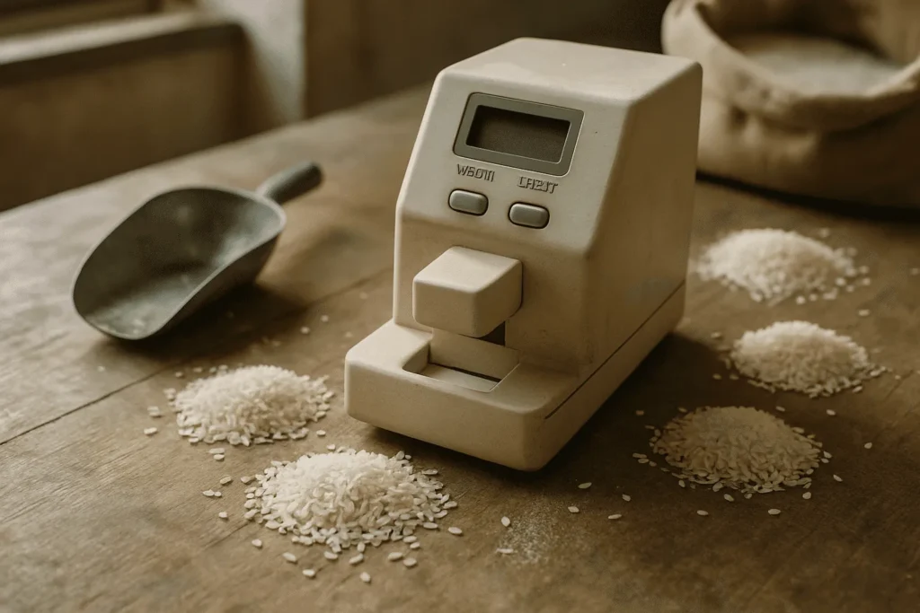 Alat uji whiteness meter atau colorimeter beras di meja kerja laboratorium penggilingan, dengan butiran beras putih dan debu beras, mendukung mutu beras SNI.