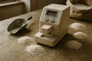 Alat uji whiteness meter atau colorimeter beras di meja kerja laboratorium penggilingan, dengan butiran beras putih dan debu beras, mendukung mutu beras SNI.