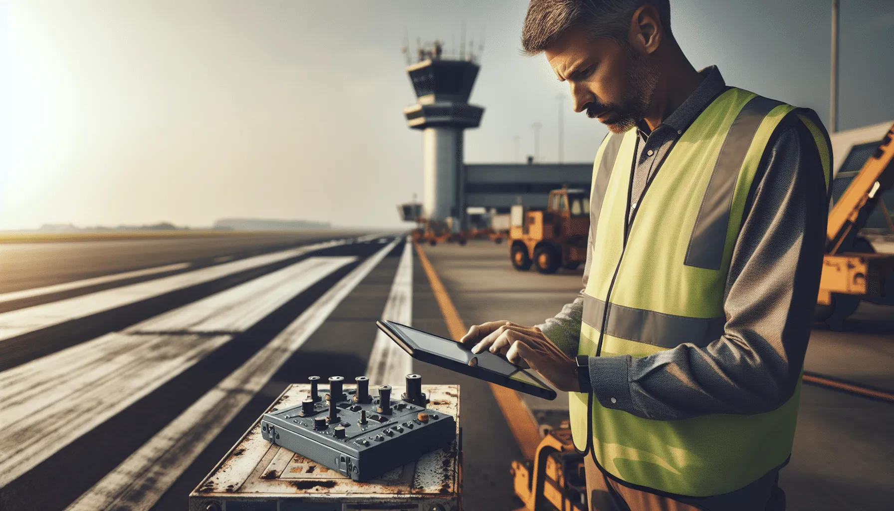 Airport safety inspector evaluating runway surface with digital tablet at sunrise, technical guide for ground navigation and inspection.