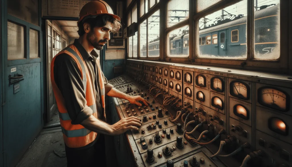 Petugas sinyal memeriksa panel kontrol analog usang di ruang kendali Stasiun Bekasi Timur untuk evaluasi keselamatan perkeretaapian.