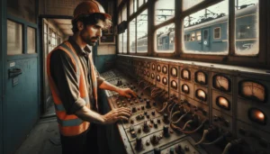 Petugas sinyal memeriksa panel kontrol analog usang di ruang kendali Stasiun Bekasi Timur untuk evaluasi keselamatan perkeretaapian.