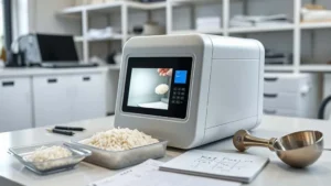 Specialist placing rice grains into Rice Whiteness Tester KETT C600 for grading, with digital display and lab workspace visible.