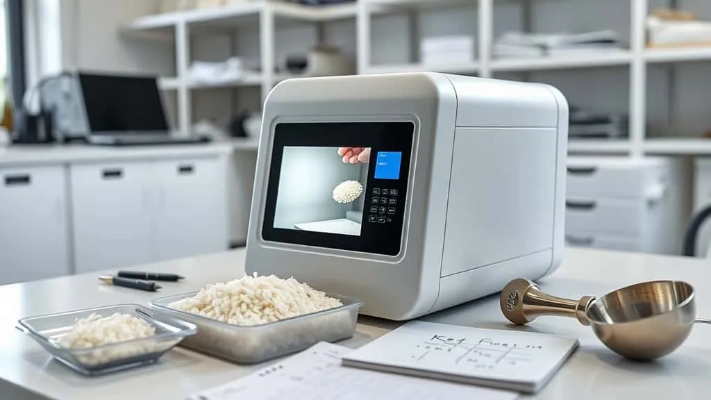Specialist placing rice grains into Rice Whiteness Tester KETT C600 for grading, with digital display and lab workspace visible.