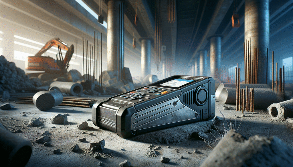 Ultrasonic flaw detector on concrete at a construction site, vital for safe, sustainable projects.
