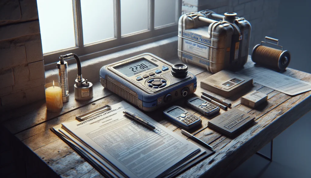 Portable gas detector on a workbench in an Indonesian energy facility, ready for calibration and safety checks.