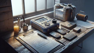 Portable gas detector on a workbench in an Indonesian energy facility, ready for calibration and safety checks.