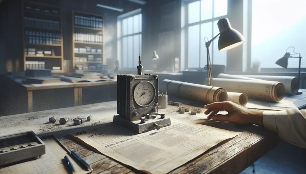 Engineer adjusting seismic gauge on a wooden desk with SNI and ASCE standards documents, illustrating earthquake resilience infrastructure guidelines.