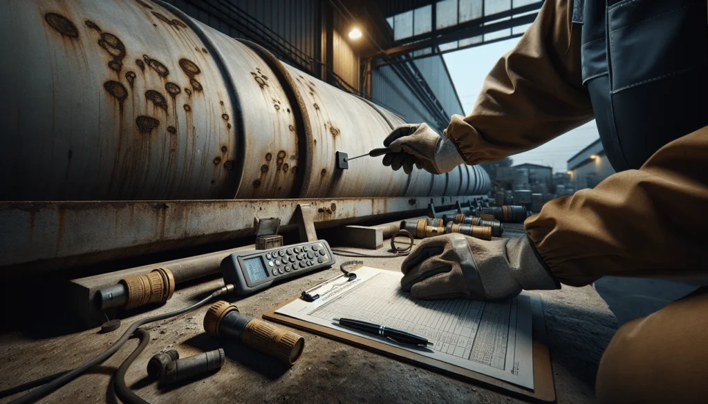 Teknisi memeriksa ketebalan dinding tangki BBM dengan alat ultrasonic gauge di depot minyak untuk mencegah kebocoran.