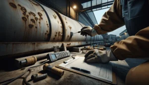 Teknisi memeriksa ketebalan dinding tangki BBM dengan alat ultrasonic gauge di depot minyak untuk mencegah kebocoran.