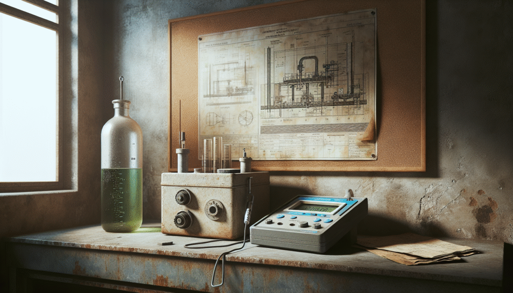 Close-up of BOD bottle and DO meter on lab bench at a smelter wastewater treatment plant, with aeration system schematic in background.