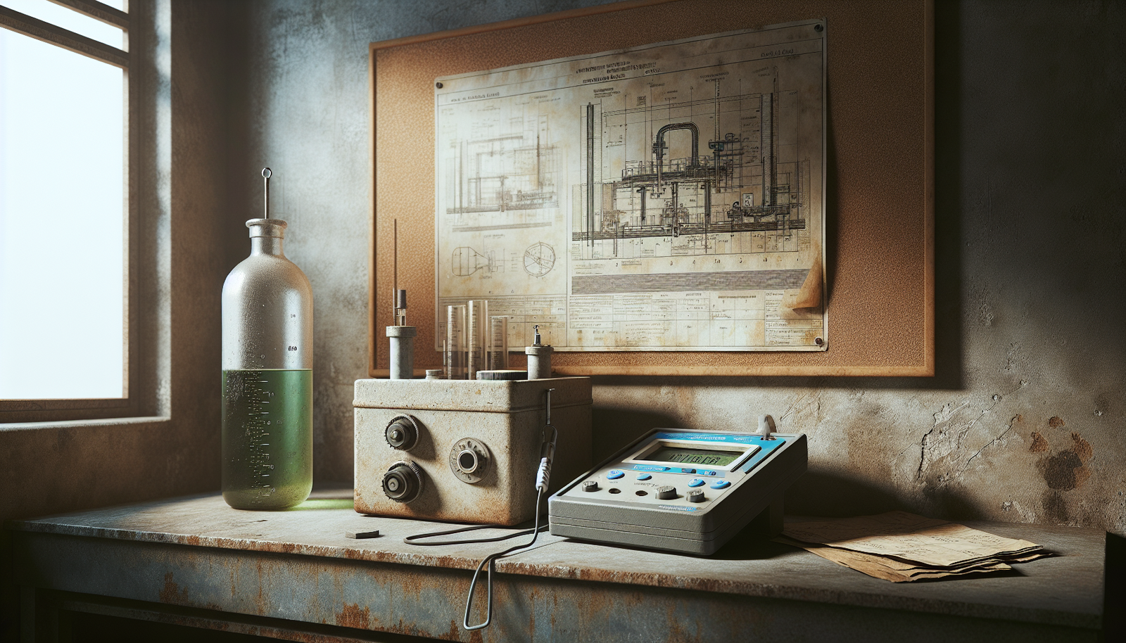 Close-up of BOD bottle and DO meter on lab bench at a smelter wastewater treatment plant, with aeration system schematic in background.