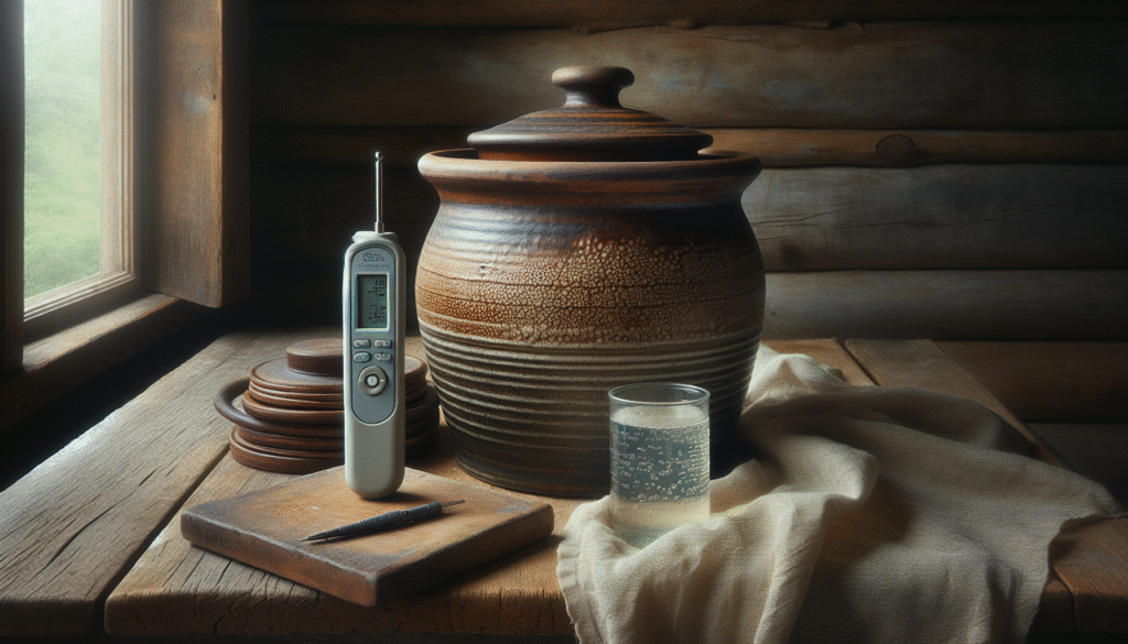 Fermentasi makanan dalam crock dengan water activity meter, menyoroti pentingnya kadar air & Aw.