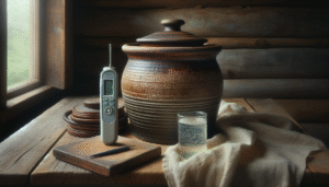 Fermentasi makanan dalam crock dengan water activity meter, menyoroti pentingnya kadar air & Aw.