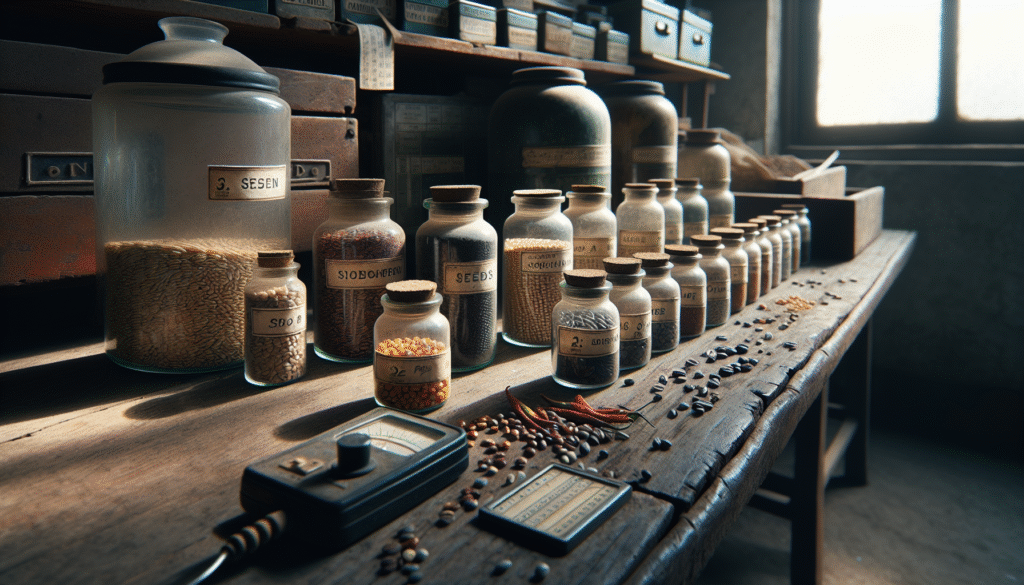 Close-up of labeled glass jars containing rice, corn, soybean, coffee, and chili pepper seeds on a wooden workbench with a hygrometer and moisture meter, illustrating optimal seed moisture content and storage.