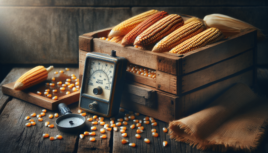 Close-up of moist corn kernels in a wooden crate with a moisture meter, highlighting corn quality and selling price.