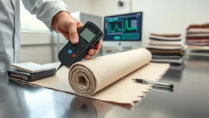 Quality control technician measuring moisture content in garment fabric using an Aqua-Boy moisture meter in a textile inspection laboratory with a fabric roll, notepad, and monitor.