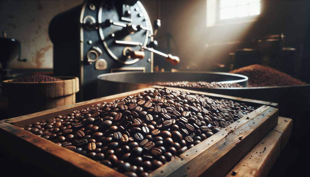 Kopi sangrai berkualitas di nampan kayu, menunjukkan variasi biji dan sedikit debu dari mesin sangrai.