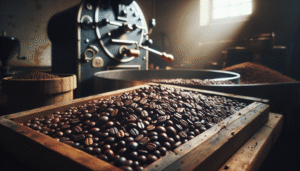 Kopi sangrai berkualitas di nampan kayu, menunjukkan variasi biji dan sedikit debu dari mesin sangrai.